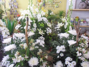 flores blancas y troncos